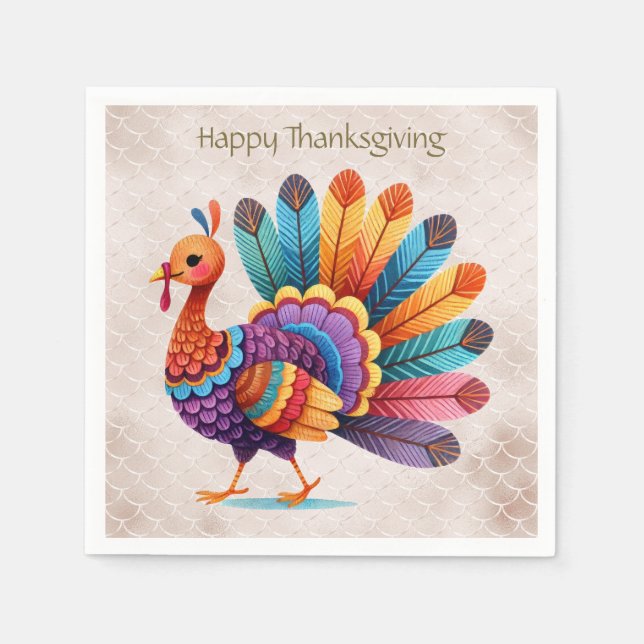 Thanksgiving Bright Feathers Turkey Napkins Pappersservett (Framsidan)