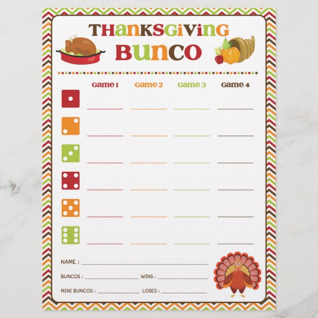Thanksgiving Bunco Party-spelkort (Framsida)