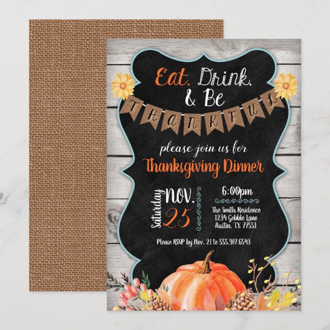 Thanksgiving Burlap-kalkylpanel för inbjudan till  (Fram/baksida)