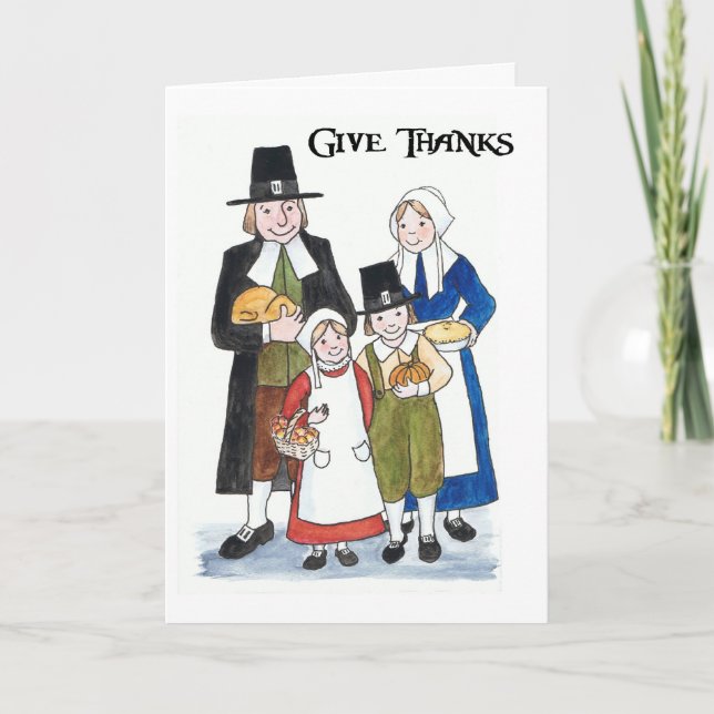 Thanksgiving Card med Pilgrims - Ge tack! Helgkort (Framsida)