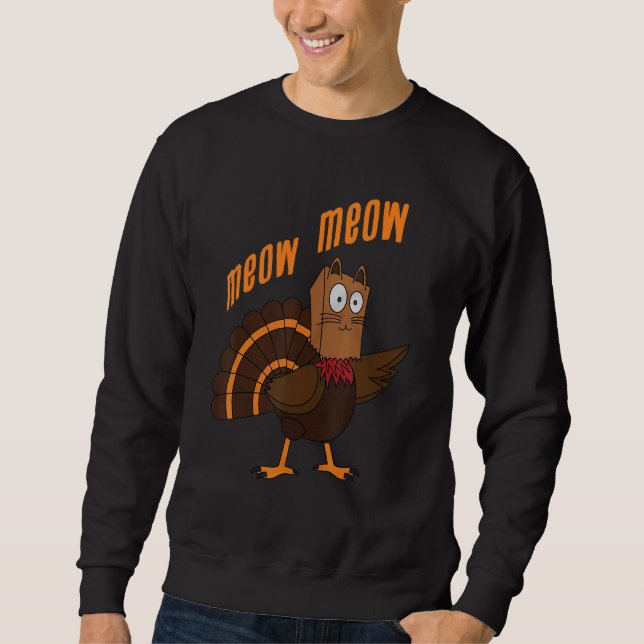 Thanksgiving Cat Funny Fake Cat Meow Thanksgiving  Lång Ärmad Tröja (Framsida)