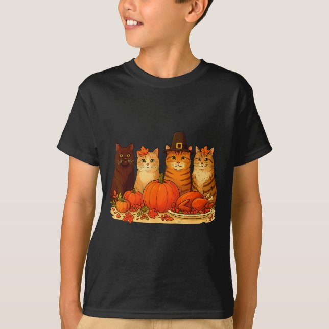 Thanksgiving Cats Dinner Pumpkin Autumn Men Women  T Shirt (Framsida)