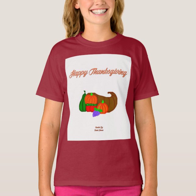 Thanksgiving Cornucopia Girls Maroon Basic T Shirt (Framsida)