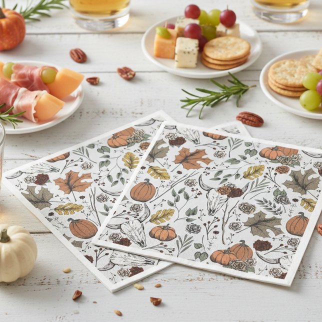 Thanksgiving Cow Skull Fall Harvest Pappersservett (Elegant Light Gray Fall Cow Skulls Thanksgiving Paper Napkins. Unique Rustic Pumpkins, Autumn Leaves)