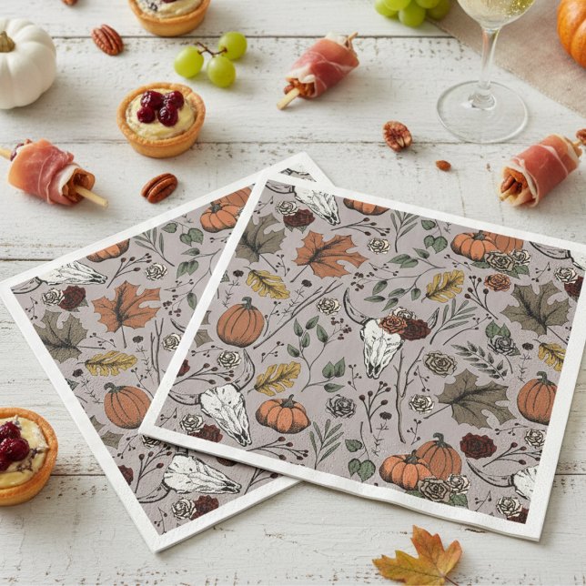Thanksgiving Cow Skull Fall Harvest Pappersservett (Elegant Taupe Gray Fall Cow Skulls Thanksgiving Paper Napkins. Unique Rustic Pumpkins, Autumn Leaves)