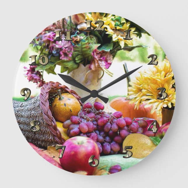 Thanksgiving Cronucopia with Fruits and Flowers Stor Klocka (Framsida)