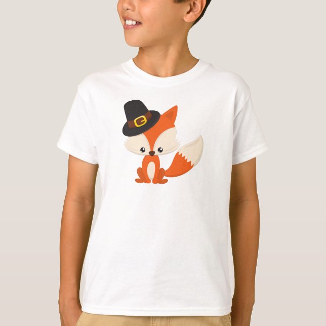 Thanksgiving, Cute Fox, Pilgrim Fox, Pilgrim Hat T Shirt (Framsida)