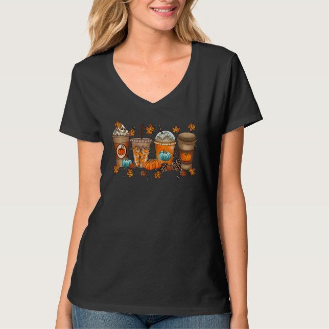 Thanksgiving Cute Latte Coffee Pumpkin Fall Leaf T T Shirt (Framsida)