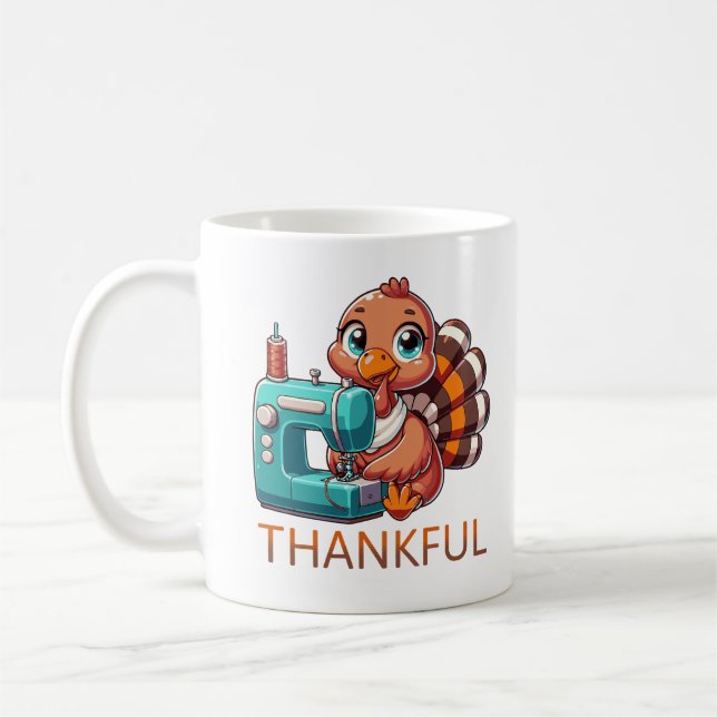 Thanksgiving Cute Turkey Använda Sewing Maskin Kaffemugg (Vänster)