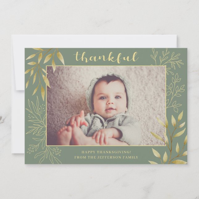 Thanksgiving Cute Watercolor Line Art Grönt Photo Julkort (Framsida)