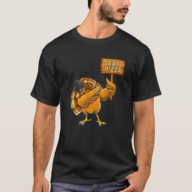 Thanksgiving Dabbing Turkey Eat Pizza Adult Vegan  T Shirt (Framsida)