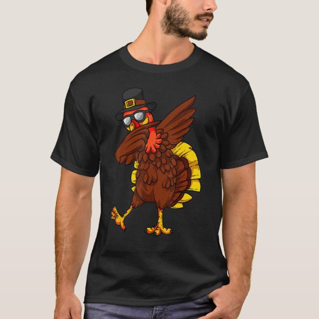 Thanksgiving Dabbing Turkey Pilgrim Boys Girls T Shirt (Framsida)