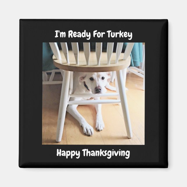 Thanksgiving Dag Cute White Hund under Bord Black Magnet (Framsidan)