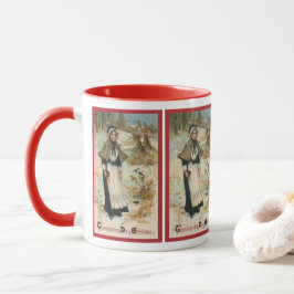 Thanksgiving Day Hälsning med en Pilgrim Woman Mugg