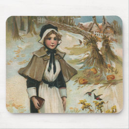 Thanksgiving Day Hälsning med en Pilgrim Woman Musmatta