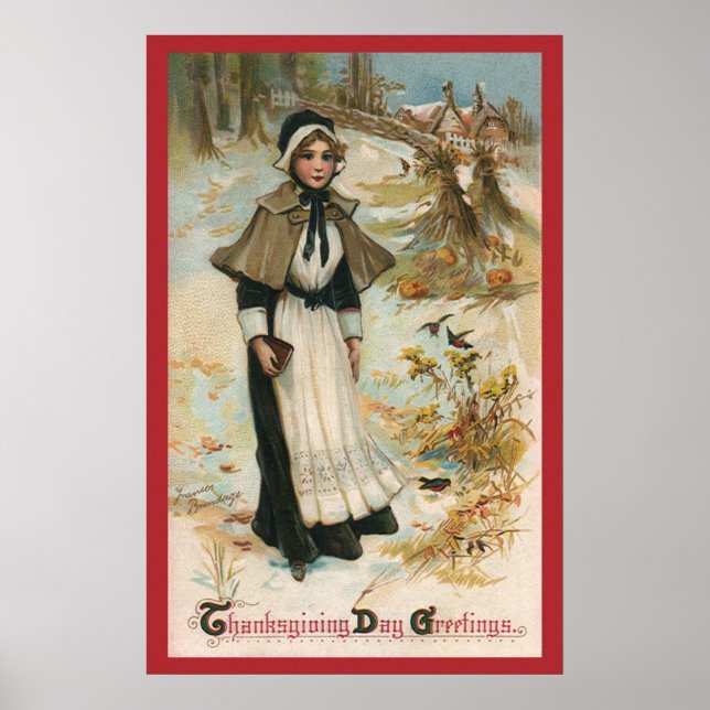 Thanksgiving Day Hälsning med en Pilgrim Woman Poster (Framsidan)