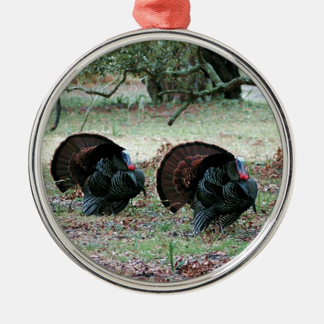 Thanksgiving Day Vild Turkey i Open Fält Julgransprydnad Metall (Framsidan)