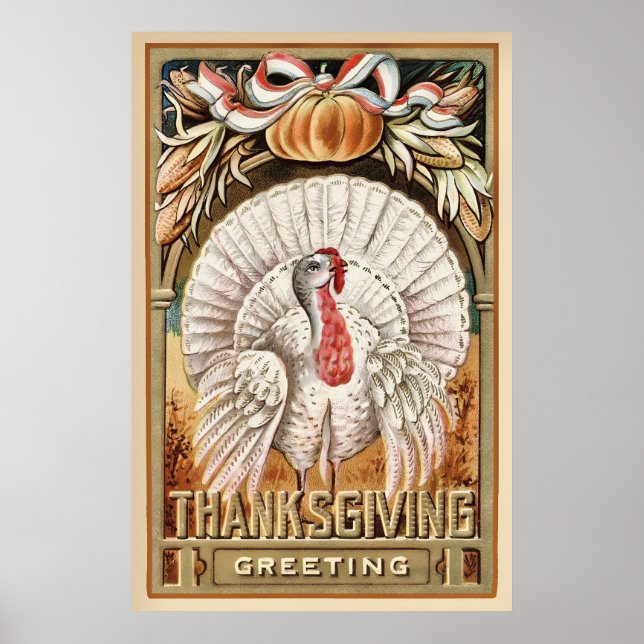 Thanksgiving Day White Turkey & Pumpkin Hälsning Poster (Framsidan)