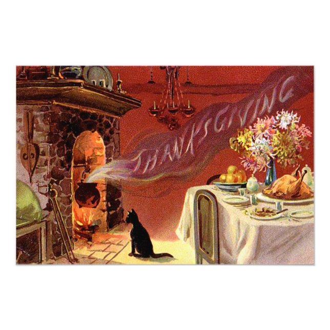 Thanksgiving Dinner Black Cat Fireplace Turkey Fototryck (Framsidan)