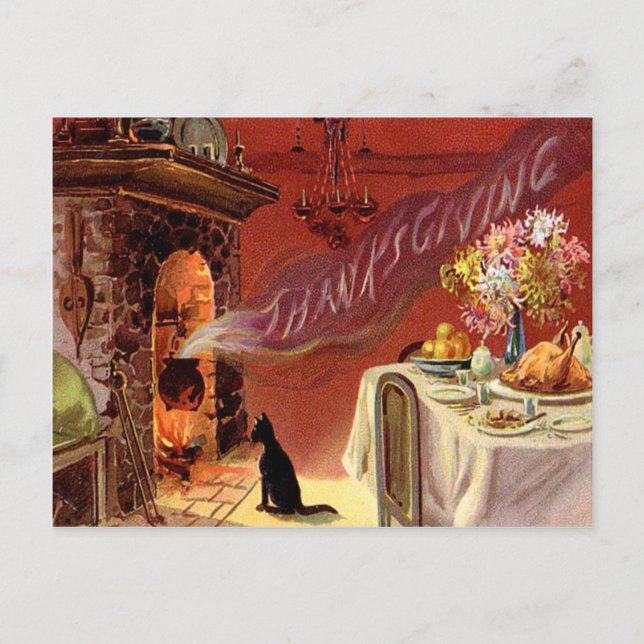 Thanksgiving Dinner Black Cat Fireplace Turkey Helg Vykort (Framsida)