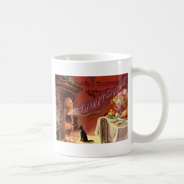 Thanksgiving Dinner Black Cat Fireplace Turkey Kaffemugg (Höger)