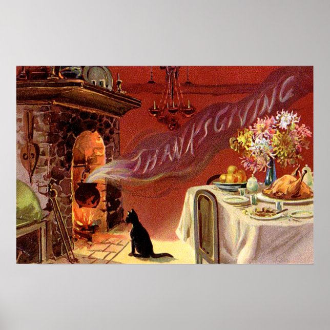 Thanksgiving Dinner Black Cat Fireplace Turkey Poster (Framsidan)