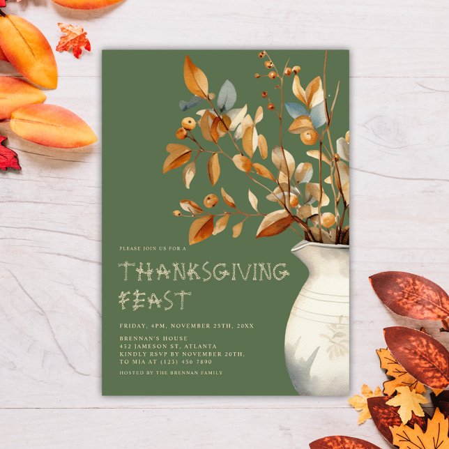 Thanksgiving Dinner Fall Oliv grönt Friendsgiving Inbjudningar (Thanksgiving Dinner Fall Olive Green Friendsgiving Invitation)