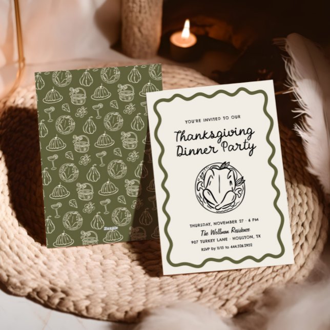 Thanksgiving Dinner hand plockade Stollig Doodle Julkort (Skapare uppladdad)