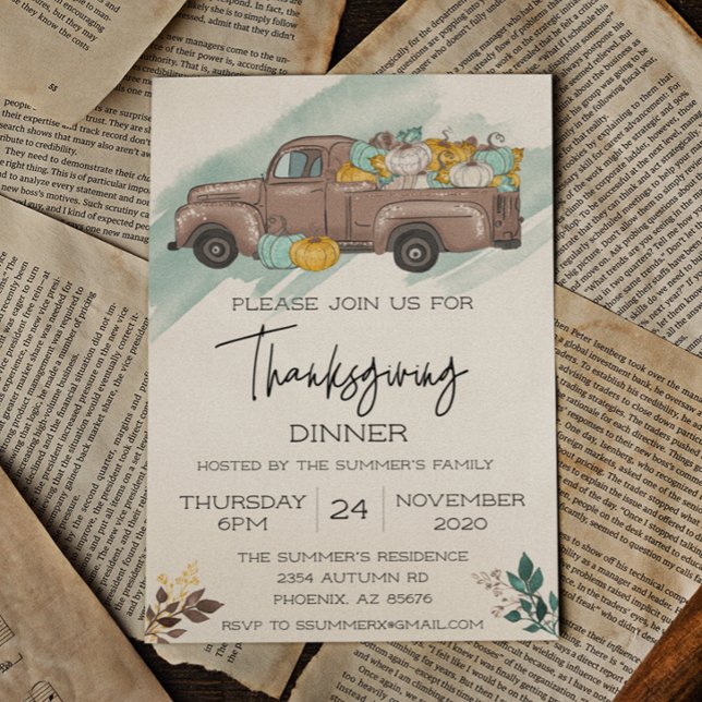 Thanksgiving Dinner Pumpkin Lastbil Watercolor Inbjudningar (Skapare uppladdad)