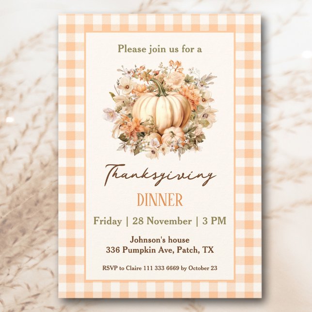 Thanksgiving Dinner Pumpkin Orange Gingham Inbjudningar (Thanksgiving Dinner Pumpkin Orange Gingham Invitation)