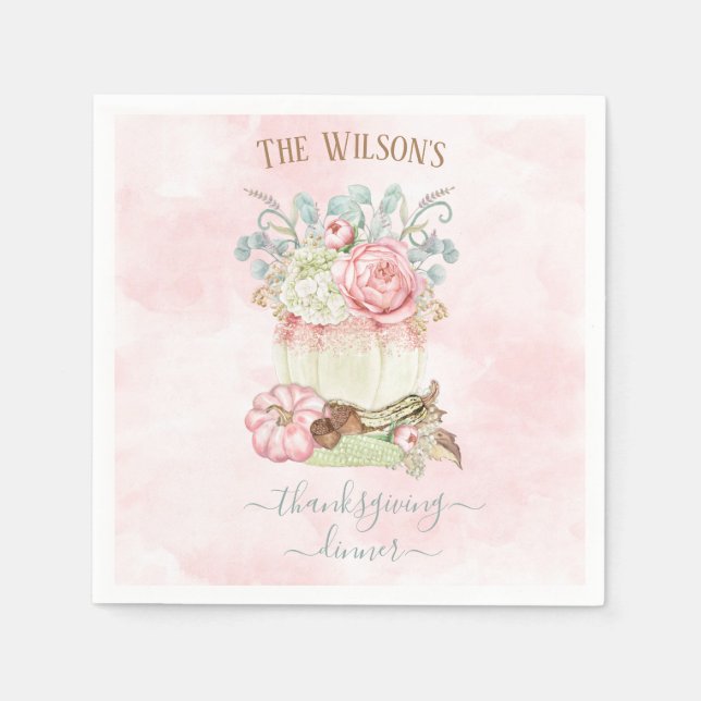 Thanksgiving Dinner Pumpkin Rosa Grönt Napkins Pappersservett (Framsidan)