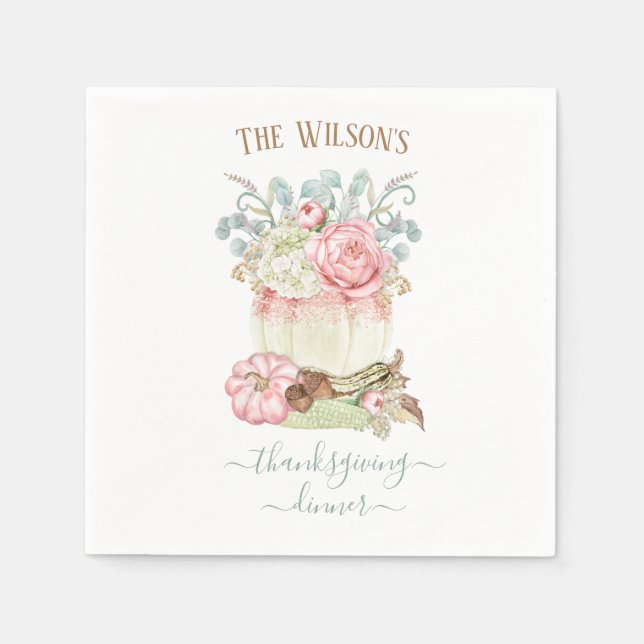 Thanksgiving Dinner Pumpkin Rosa Grönt Pappersservett (Framsidan)