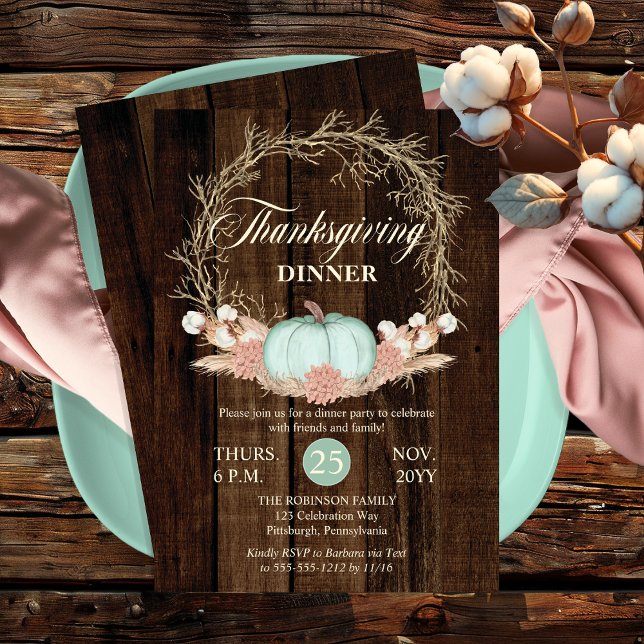 Thanksgiving Dinner Rustic Pumpkin Pampas Wandeans Inbjudningar (Thanksgiving Dinner Rustic Pumpkin Pampas Wreath Pink | Mint Pastels Invitation)