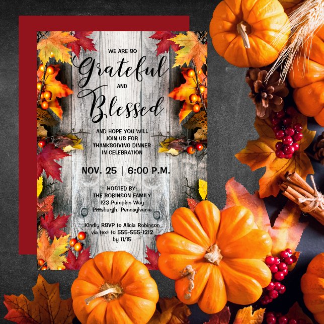 Thanksgiving Dinner-Rustic Woodsy tacksam, välsign Inbjudningar (Thanksgiving Dinner Rustic Woodsy Wood-Look and Leaves Grateful and Blessed Invitation)