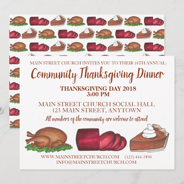 Thanksgiving Dinner Turkey Cranberry Pumpkin Paj Inbjudningar (Fram/baksida)