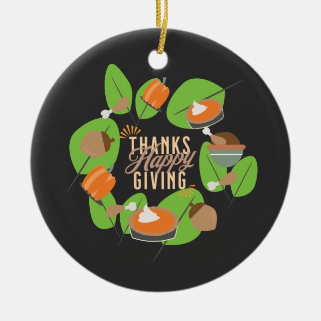 Thanksgiving Dinner Turkey Pumpkin Fall Greenery Julgransprydnad Keramik (Framsidan)