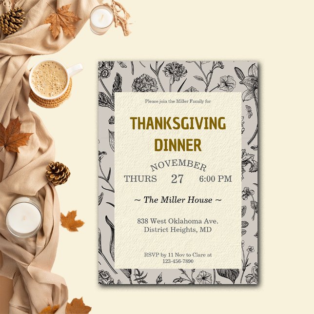 Thanksgiving Dinner Vintage Botanicals Anpassnings Inbjudningar (Skapare uppladdad)