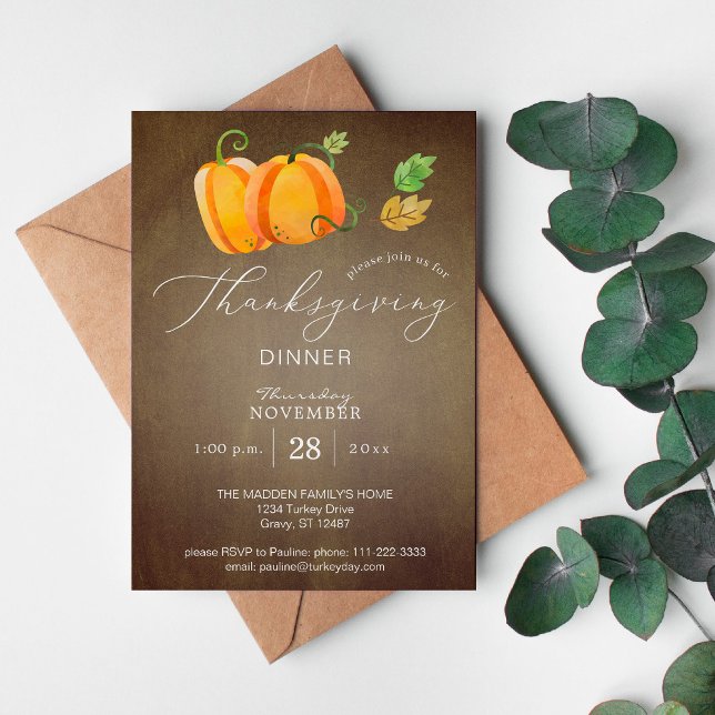 Thanksgiving Dinner Watercolor Pumpkin Duo Guld Inbjudningar (Skapare uppladdad)