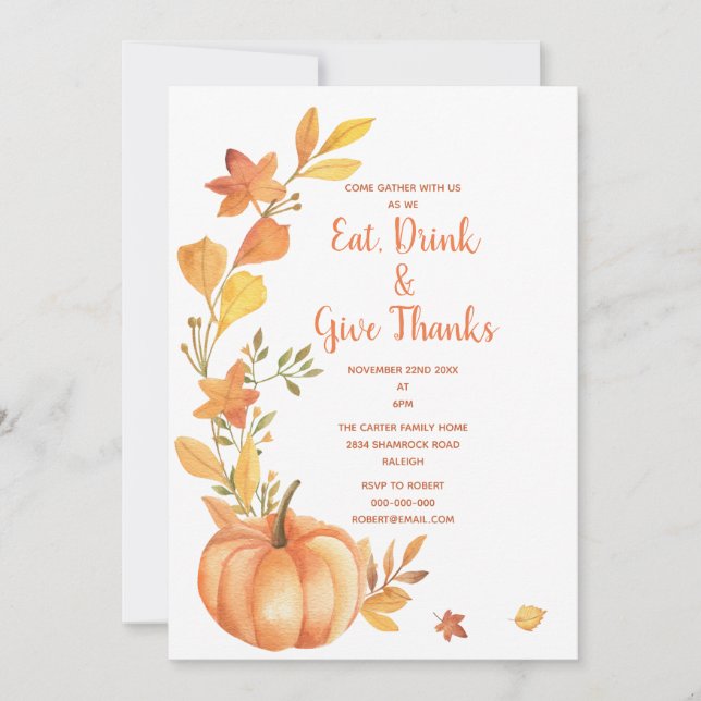 Thanksgiving Dinner Watercolor Pumpkin Inbjudningar (Framsida)