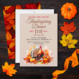 Thanksgiving Dinner Watercolor Turkey, Pumpkin Inbjudningar