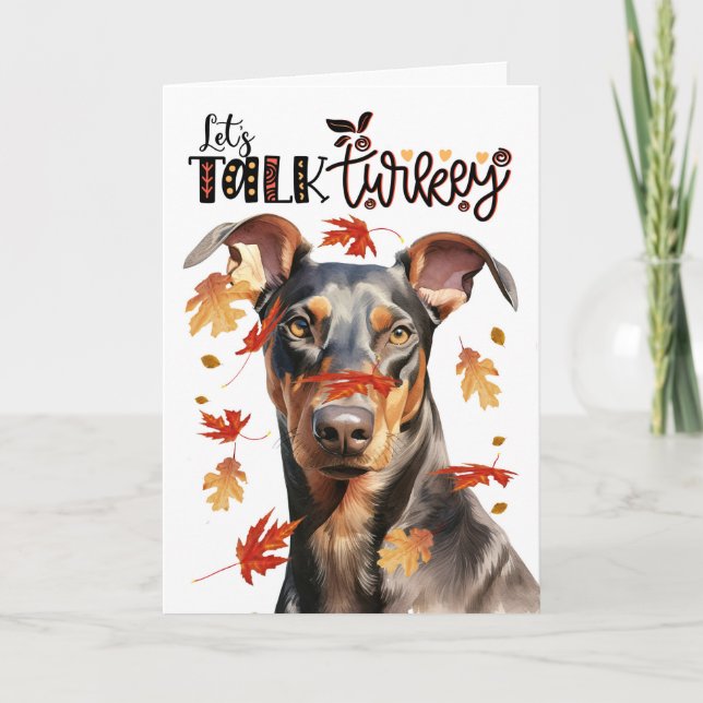 Thanksgiving Doberman Hund Lets Prata med Turkiet Helgkort (Framsida)