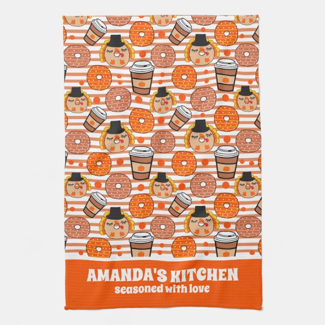 Thanksgiving Donuts and Coffee Fall Orange Rand Kökshandduk (Vertikal)