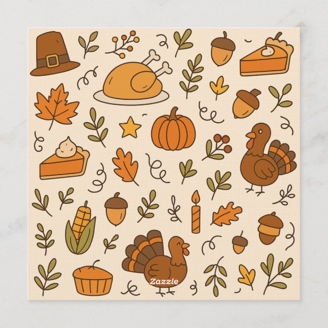 Thanksgiving Doodles Seamless Pattern Inbjudningar (Baksida)