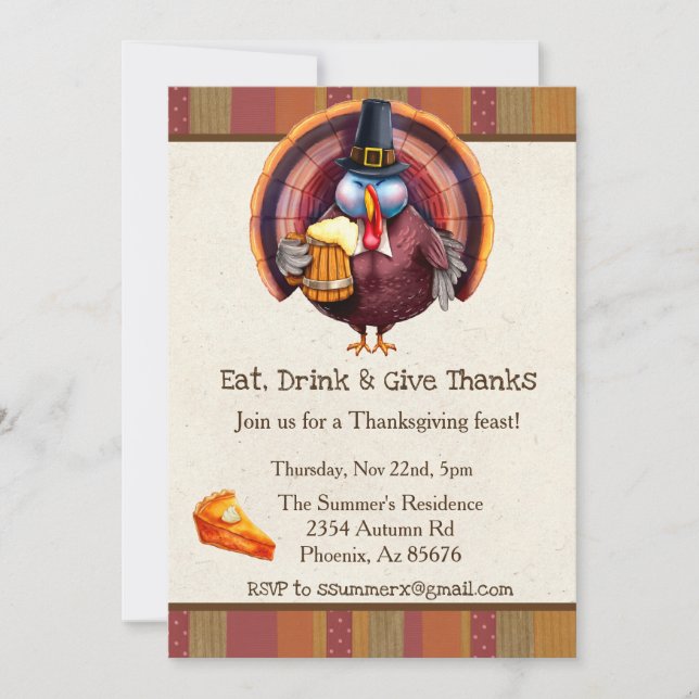 Thanksgiving Eat Drink Ge Tack Turkiet Beer Inbjudningar (Framsida)