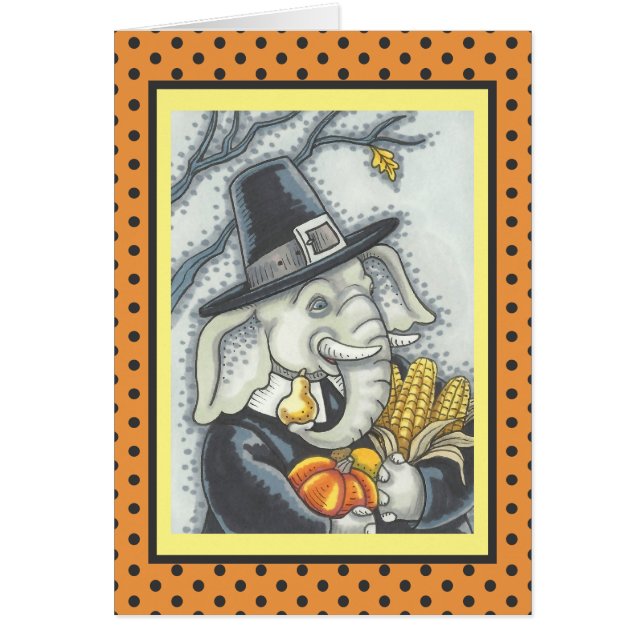 THANKSGIVING ELEPHANT, PILGRIM GREETING CARD Verse Hälsningskort (Framsidan)