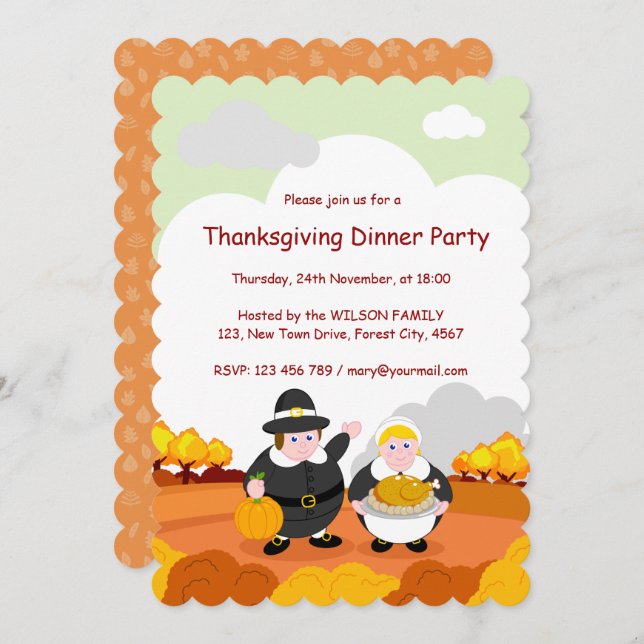 Thanksgiving-fall/höstscen med pilgrimer. inbjudningar (Fram/baksida)