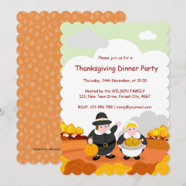 Thanksgiving-fall/höstscen med pilgrimer. inbjudningar