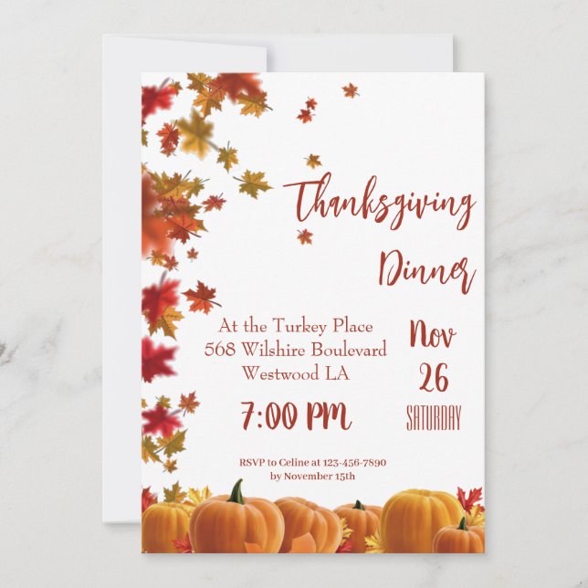 Thanksgiving Fall Leaves Pumpkin Dinner Invitation Inbjudningar (Framsida)