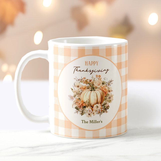 Thanksgiving Fall Pumpkin Gingham Pastel Namn Kaffemugg (Thanksgiving Fall Pumpkin Gingham Pastel Name Coffee Mug)