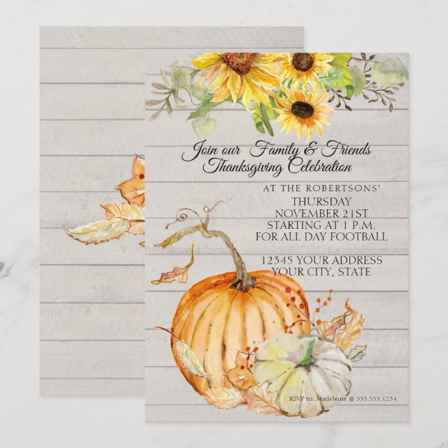 Thanksgiving Fall Sunblomma Löv n Wood Pumpkins Inbjudningar (Fram/baksida)
